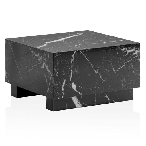 Couchtisch Monobloc quadratisch mit schwarzer Hochglanz-Oberfläche und weißen Marmerverzierungen in Gesamtansicht.
