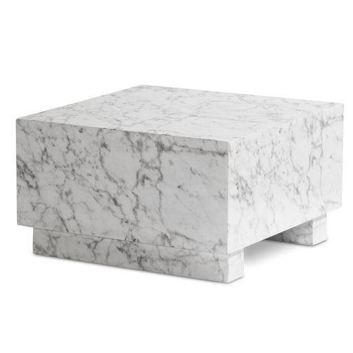 Couchtisch MONOBLOC 60x60x35 in Marmor Optik mit quadratischer Gesamtform und massivem Blockdesign in Weiß.