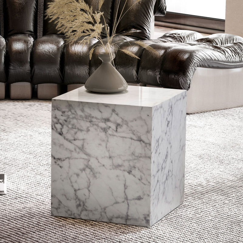 Couchtisch MONOBLOC 40x40x45cm Weiß Hochglanz Marmoroptik Quadratisch