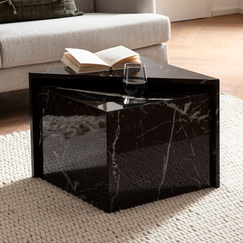 Couchtisch Set Monobloc Schwarz Hochglanz Marmoroptik Ineinanderschiebbar