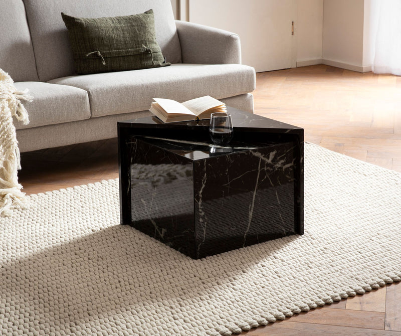 Couchtisch Set Monobloc Schwarz Hochglanz Marmoroptik Ineinanderschiebbar