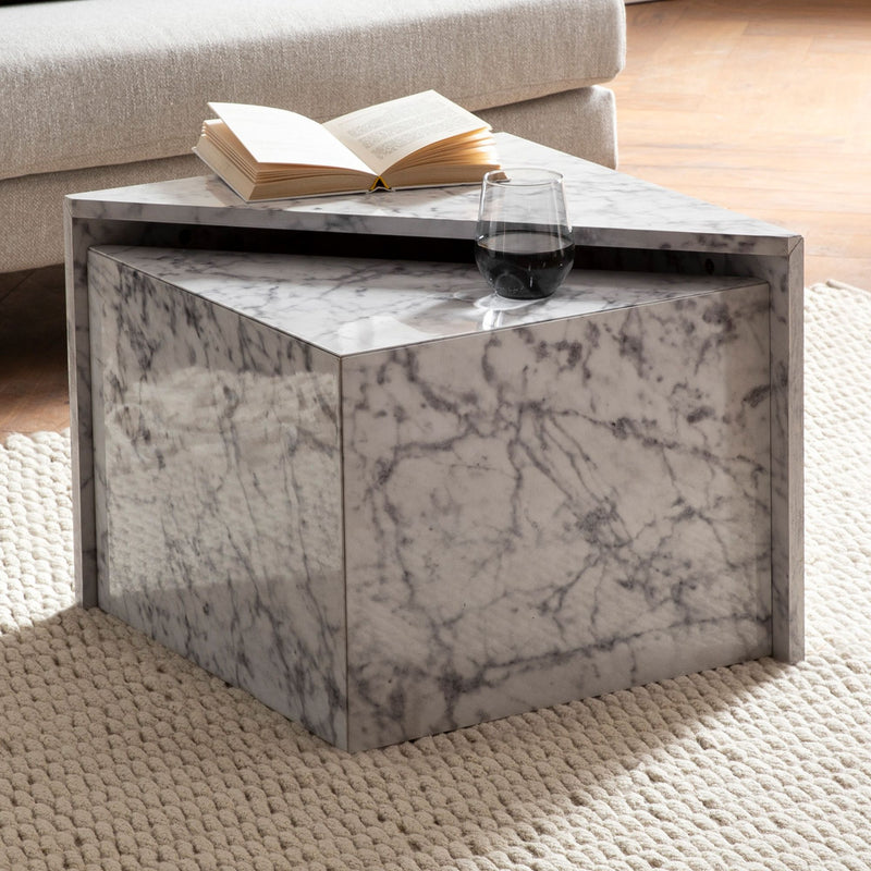 Couchtisch Set Monobloc Weiß Hochglanz Marmoroptik Satztisch Eckig
