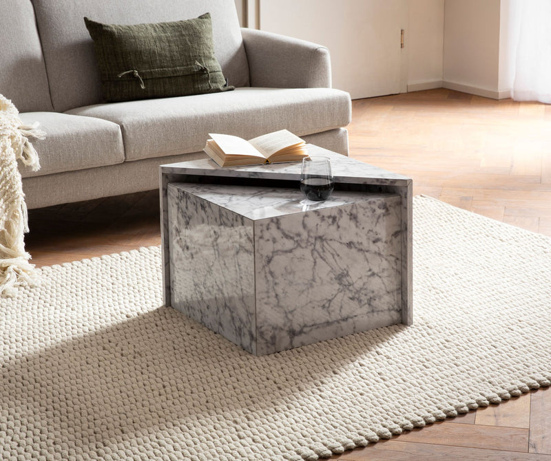 Couchtisch Set Monobloc Weiß Hochglanz Marmoroptik Satztisch Eckig