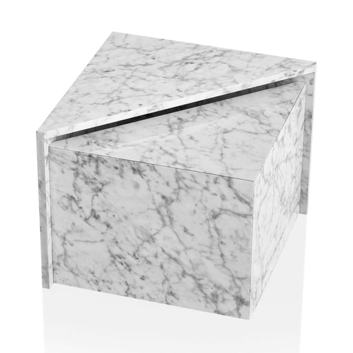 Couchtisch Set Monobloc Weiß Hochglanz in Gesamtansicht mit Marmoroptik-Oberfläche und Metallgriff.