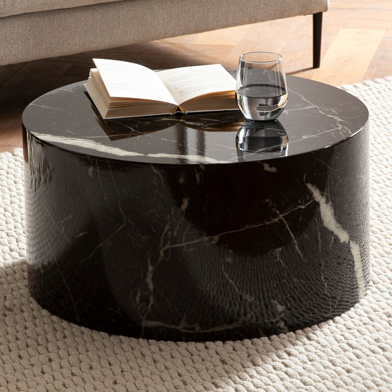 Couchtisch MONOBLOC 60x60x30cm Schwarz Hochglanz Marmoroptik Rund Modern