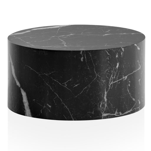 Couchtisch MONOBLOC in Schwarz mit Marmoroptik, runde Gesamtansicht von schräg oben.