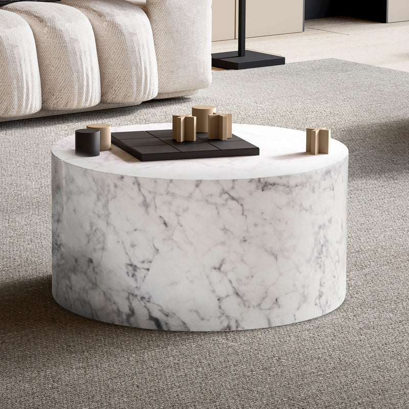 Couchtisch MONOBLOC 60x60x30cm Weiß Hochglanz Marmoroptik Rund Modern