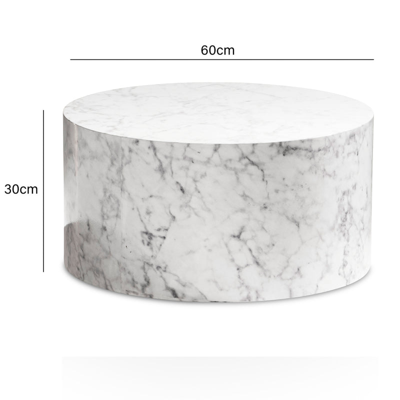 Couchtisch MONOBLOC 60x60x30cm Weiß Hochglanz Marmoroptik Rund Modern