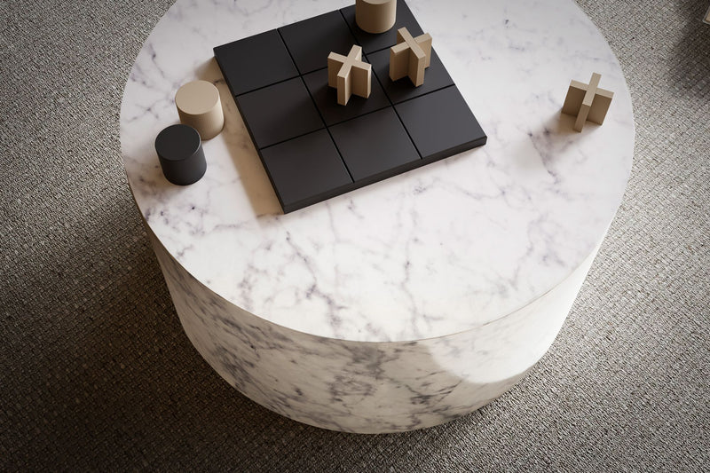 Couchtisch MONOBLOC 60x60x30cm Weiß Hochglanz Marmoroptik Rund Modern