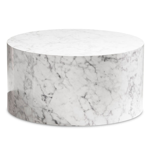 Couchtisch MONOBLOC rund in Weiß mit Marmoroptik, Gesamtansicht von schräg oben.