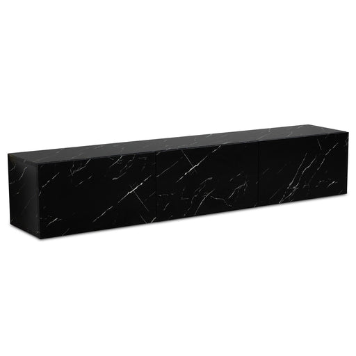 Lowboard Hängend Marmor-Optik Schwarz 160x30x30cm mit schwarzer Marmoroberfläche und drei Klappfächern in Gesamtansicht.