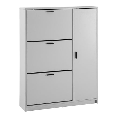 Schuhschrank Weiß 90x120x24 cm Modern mit drei Schubladen links und Tür rechts in Gesamtansicht.