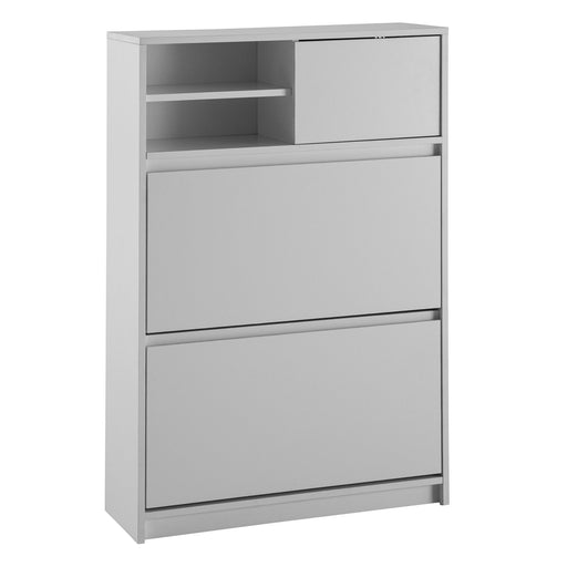 Schuhschrank Weiß in Gesamtansicht mit offener Tür, die das Fachwerk mit Einlegeboden zeigt.