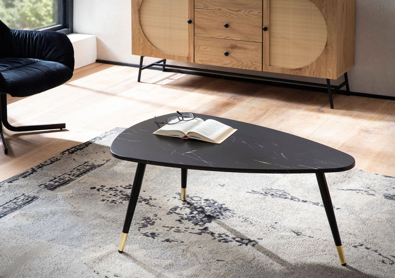 Couchtisch Dreieckig 90x60x41cm Marmoroptik Schwarz Metallgestell