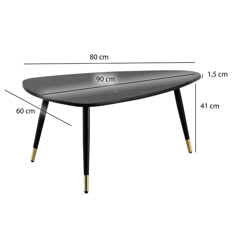Couchtisch Dreieckig 90x60x41cm Marmoroptik Schwarz Metallgestell