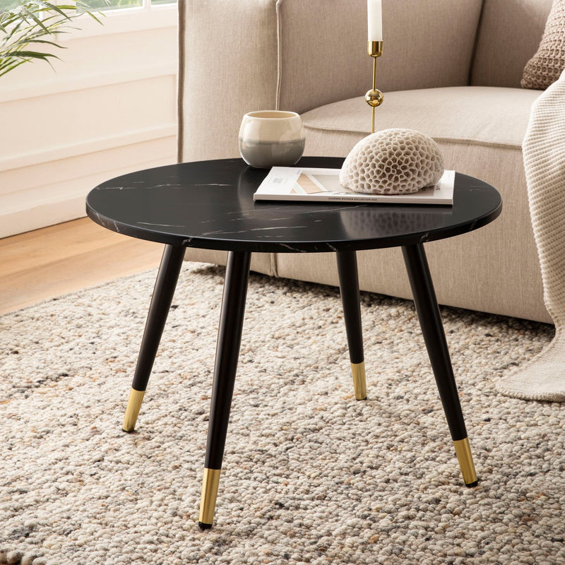 Couchtisch 60x60x41cm Marmoroptik Schwarz Metallgestell Rund Modern