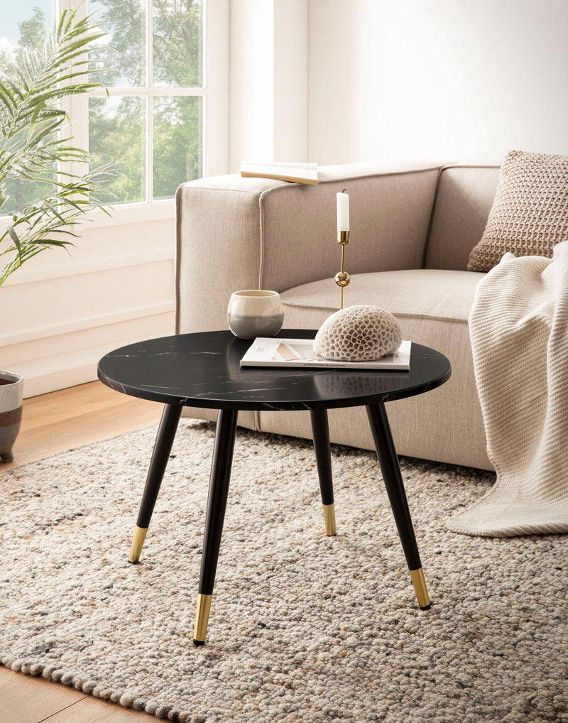 Couchtisch 60x60x41cm Marmoroptik Schwarz Metallgestell Rund Modern