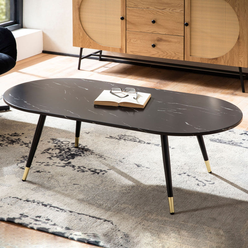 Couchtisch 120x60x41,5cm Marmoroptik Schwarz Metallgestell Oval Modern