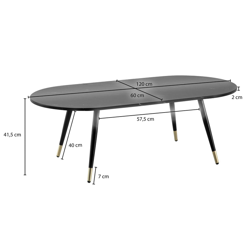 Couchtisch 120x60x41,5cm Marmoroptik Schwarz Metallgestell Oval Modern