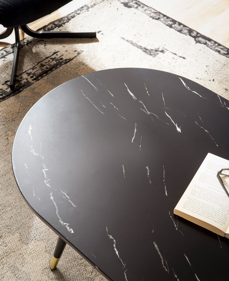 Couchtisch 120x60x41,5cm Marmoroptik Schwarz Metallgestell Oval Modern