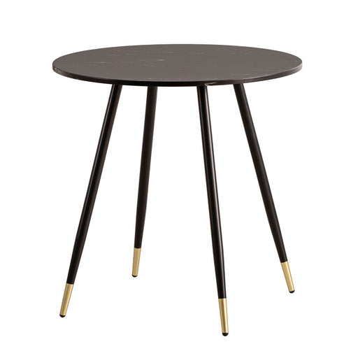 Runder Esszimmertisch 75x75x76cm Marmor-Optik Schwarz mit schwarzen Metallbeinen und Messingakzenten, Gesamtansicht.