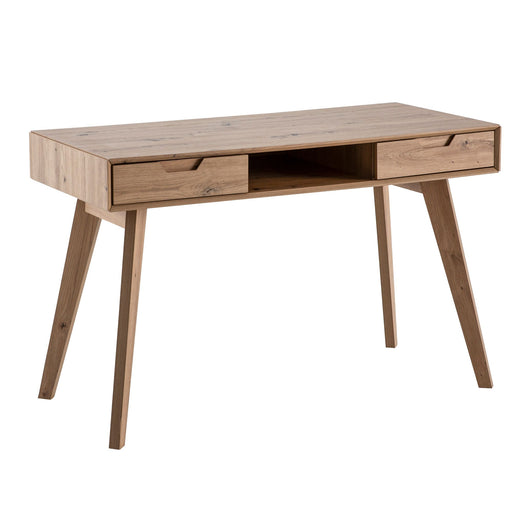 Schreibtisch 120x55x77cm Eiche Dekor Skandinavisch mit zwei Schubladen und offenem Fach in Gesamtansicht.