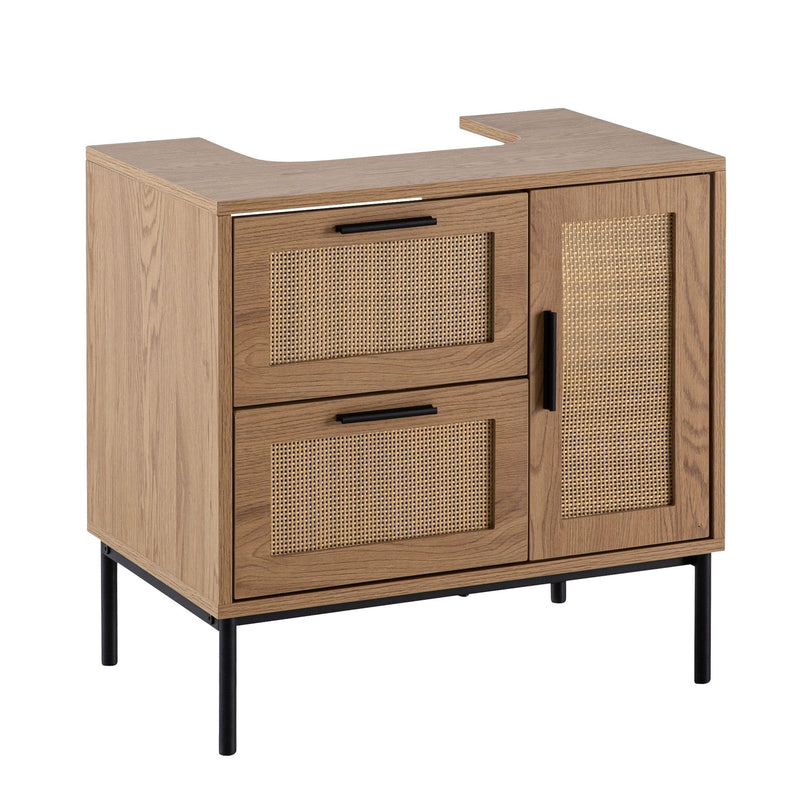 Waschbeckenunterschrank Eiche-Optik 60x60x40cm Tür Schubladen Rattan