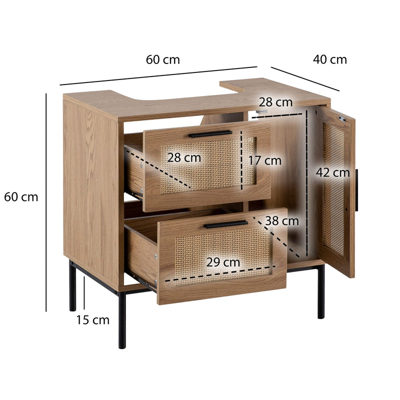 Waschbeckenunterschrank Eiche-Optik 60x60x40cm Tür Schubladen Rattan