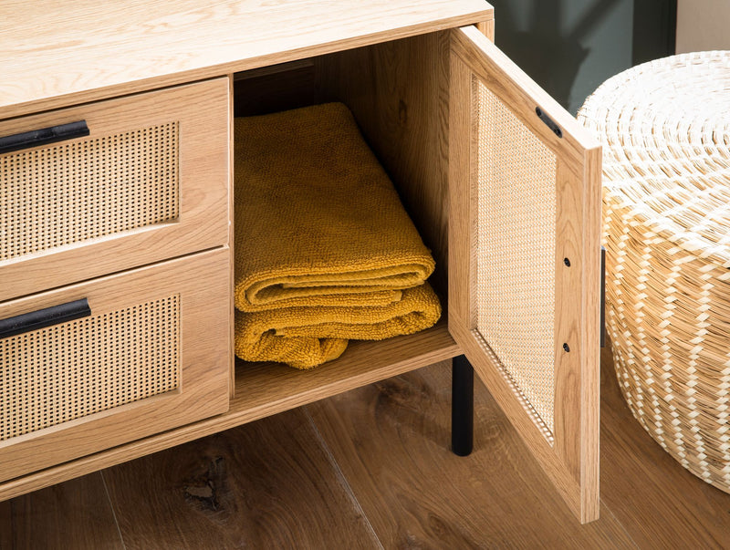 Waschbeckenunterschrank Eiche-Optik 60x60x40cm Tür Schubladen Rattan