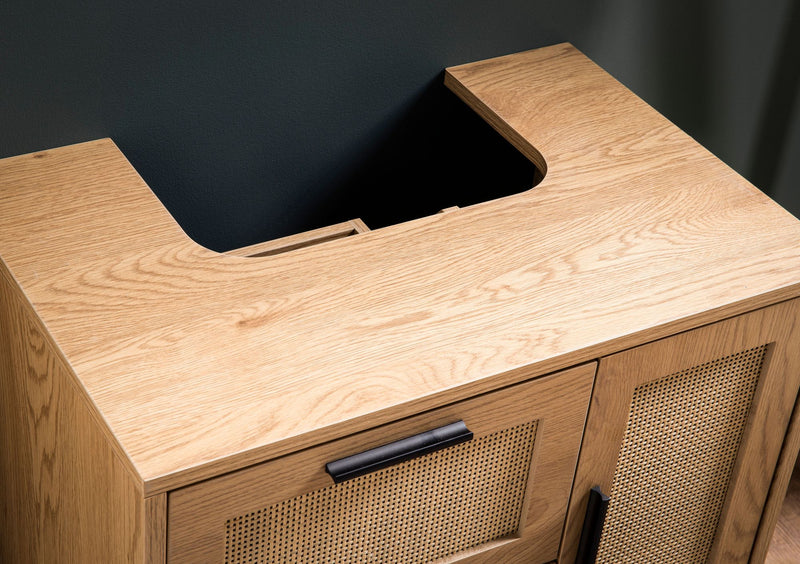 Waschbeckenunterschrank Eiche-Optik 60x60x40cm Tür Schubladen Rattan