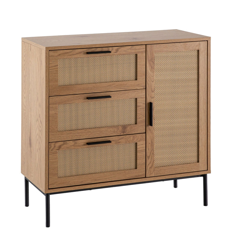 Kommode Eiche-Dekor Rattan 80x82x36cm 3 Schubladen Tür Modern