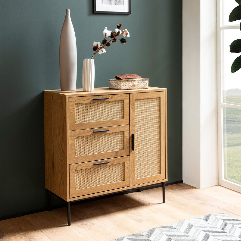 Kommode Eiche-Dekor Rattan 80x82x36cm 3 Schubladen Tür Modern