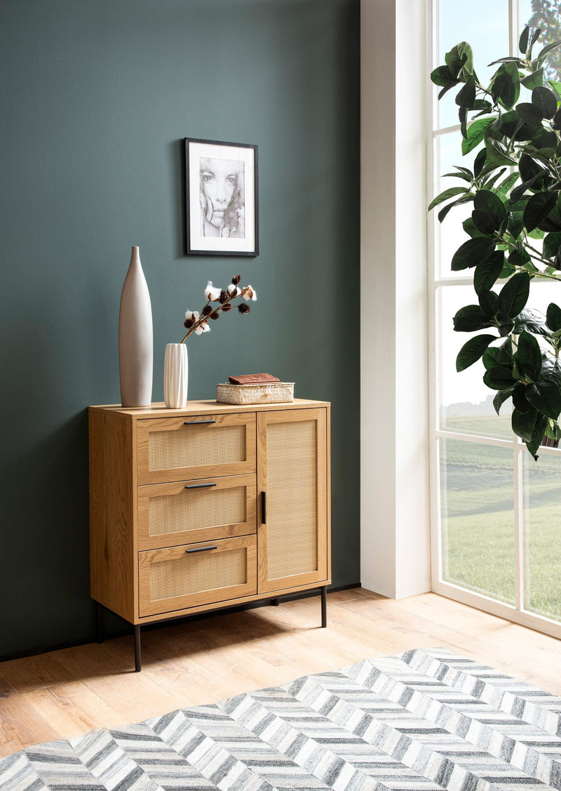 Kommode Eiche-Dekor Rattan 80x82x36cm 3 Schubladen Tür Modern
