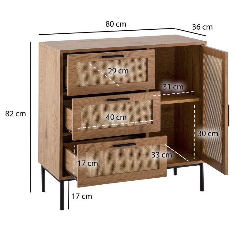 Kommode Eiche-Dekor Rattan 80x82x36cm 3 Schubladen Tür Modern