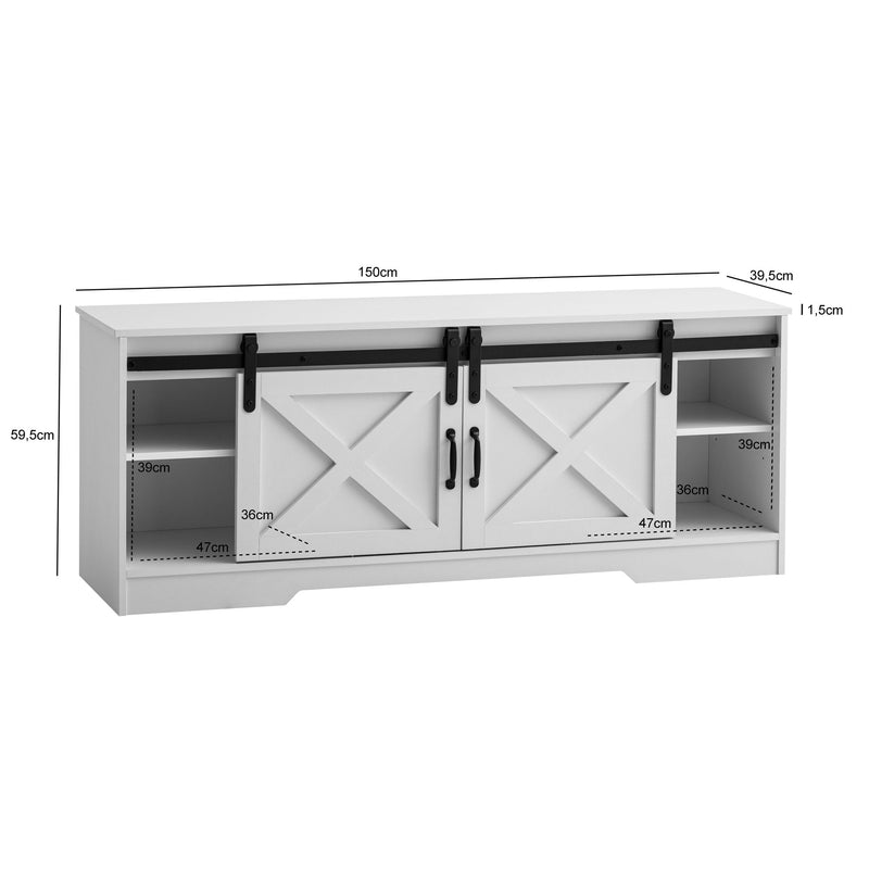 Lowboard Weiß 150x59,5x39,5cm TV-Kommode Landhaus-Stil Schiebetüren