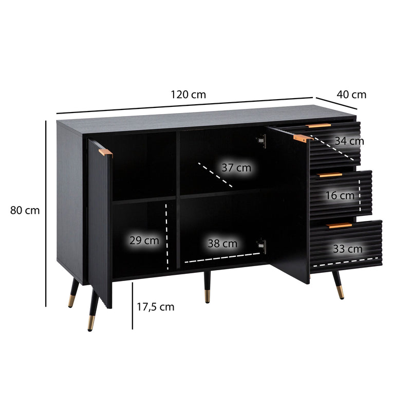 Sideboard 120x80x40cm Schwarz Eiche-Dekor Türen Schubladen Modern