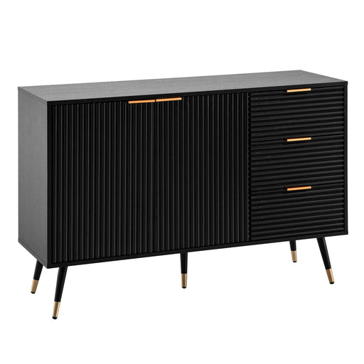 Sideboard 120x80x40cm Schwarz Eiche-Dekor in Gesamtansicht mit gerillten Türen, Schubladen und goldenen Griffen.