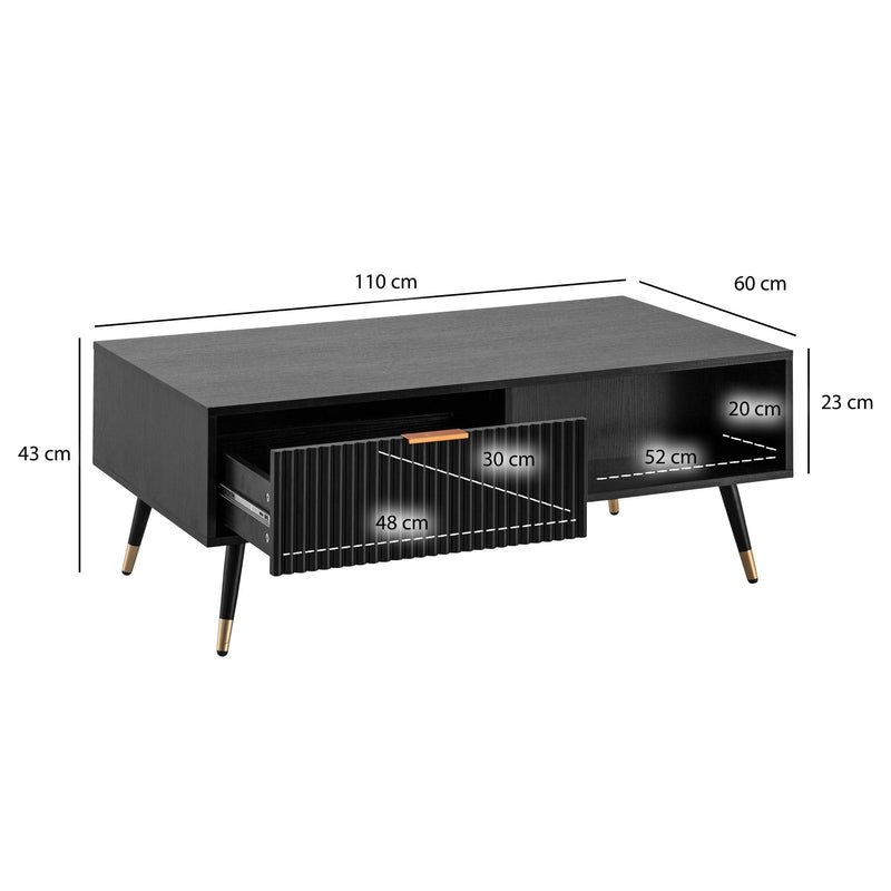 Couchtisch 110x60x43cm Schwarz Eiche-Dekor Rechteckig mit Stauraum