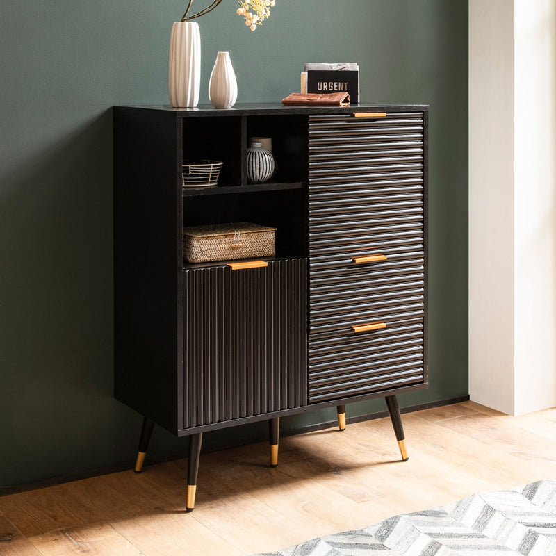 Sideboard 77x97x40cm Schwarz Eiche-Dekor Türen Schubladen Modern