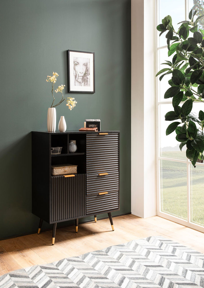 Sideboard 77x97x40cm Schwarz Eiche-Dekor Türen Schubladen Modern