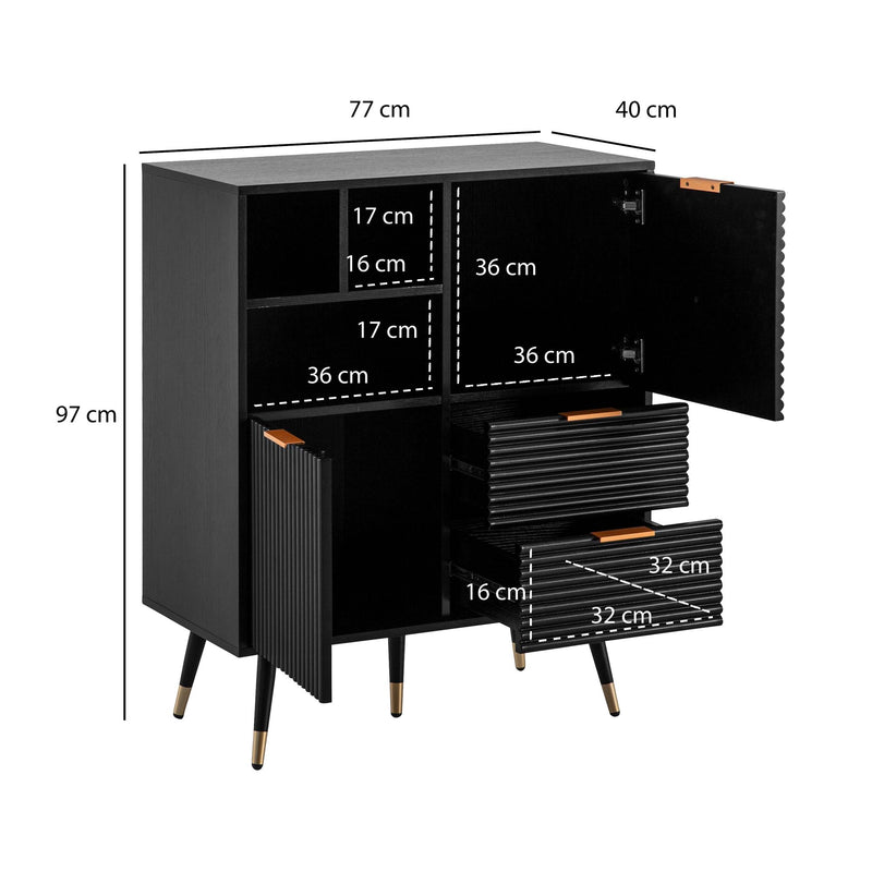 Sideboard 77x97x40cm Schwarz Eiche-Dekor Türen Schubladen Modern