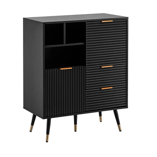 Sideboard 77x97x40cm Schwarz Eiche-Dekor in Gesamtansicht mit gerillten Türen, offenen Fächern und goldenen Griffen.