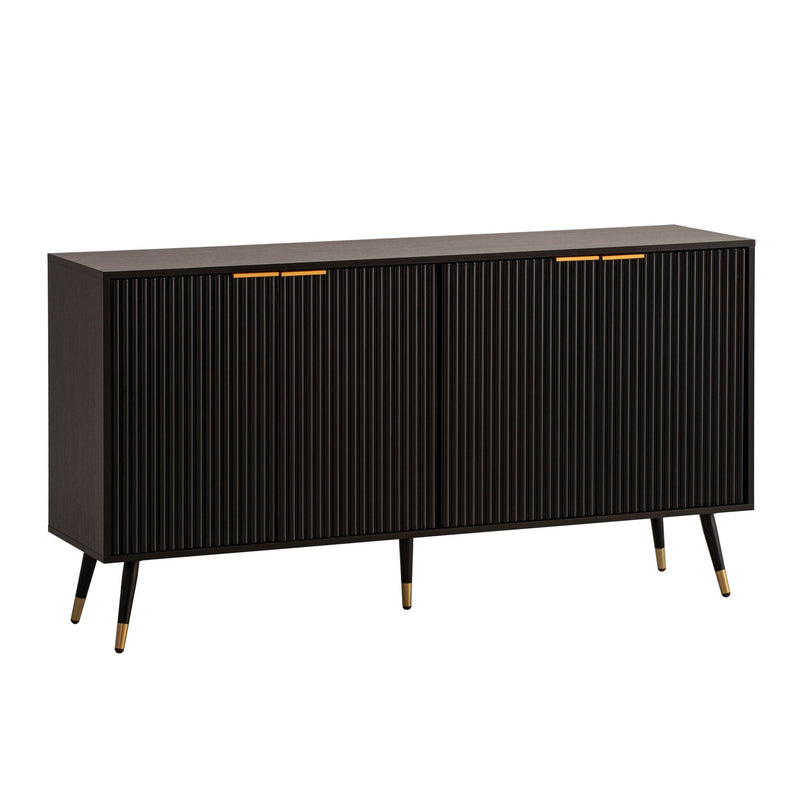 Sideboard 150x81x39cm Schwarz Eiche-Dekor Türen Metallbeine Modern