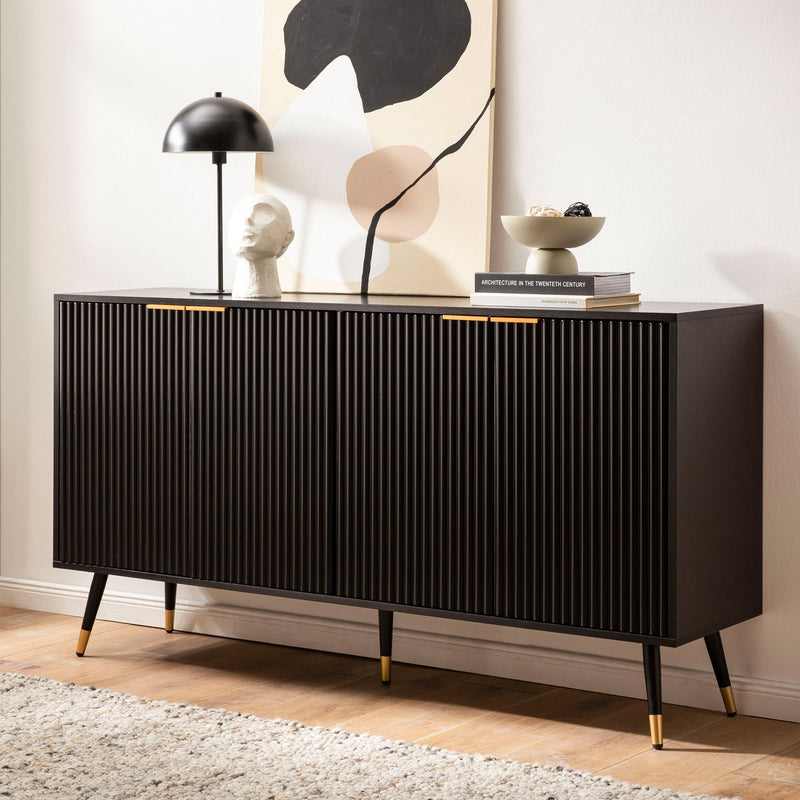 Sideboard 150x81x39cm Schwarz Eiche-Dekor Türen Metallbeine Modern