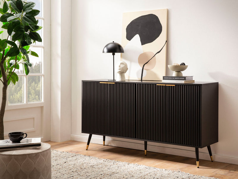Sideboard 150x81x39cm Schwarz Eiche-Dekor Türen Metallbeine Modern