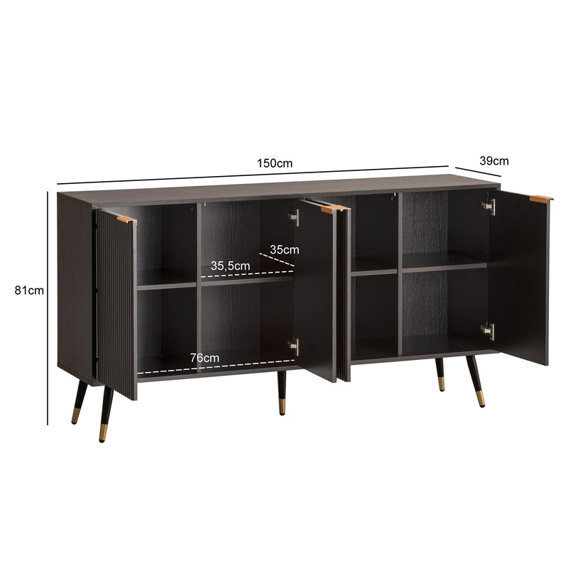 Sideboard 150x81x39cm Schwarz Eiche-Dekor Türen Metallbeine Modern