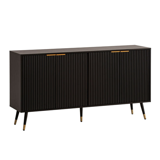 Sideboard 150x81x39cm Schwarz Eiche-Dekor in Gesamtansicht mit gerillten Türen und goldenen Metallbeinabschlüssen.