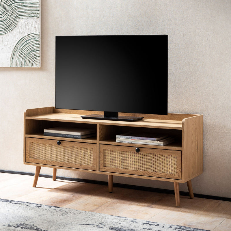 Lowboard 120x56x39cm TV-Kommode Eiche-Dekor Rattan Schubladen Stauraum