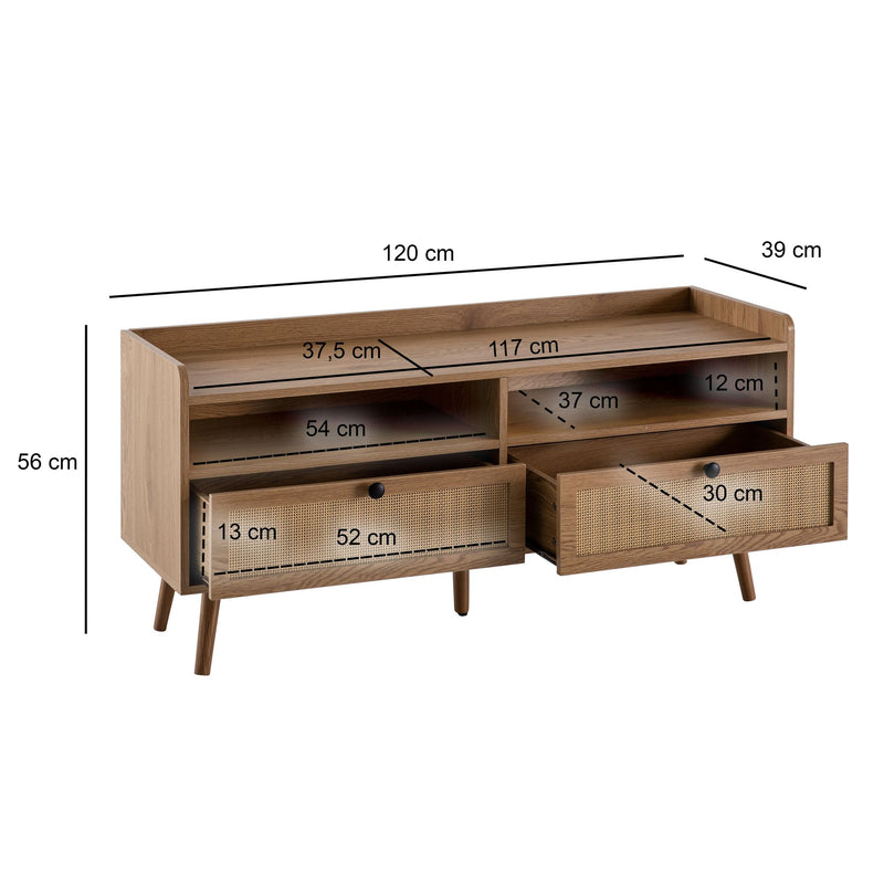 Lowboard 120x56x39cm TV-Kommode Eiche-Dekor Rattan Schubladen Stauraum