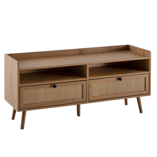 Lowboard 120x56x39cm TV-Kommode in Eiche-Dekor mit Rattan-Schubladen und offenen Fächern, Gesamtansicht von vorne.